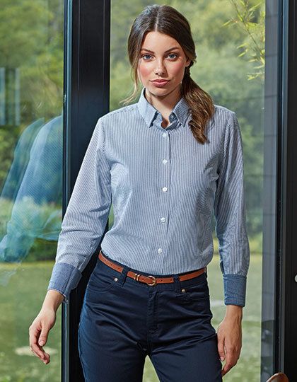 Premier Ladies Cotton Rich Oxford Stripes Shirt